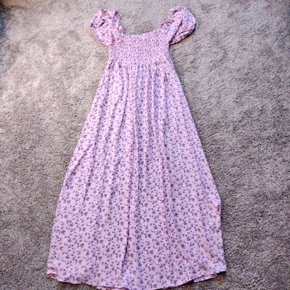 Women's Pink Floral Maxi Dress with Puff Sleeves